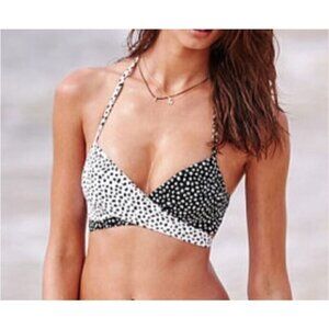 Victorias Secret Womens 34C The Wrap Halter Bikini Top Black White Underwire